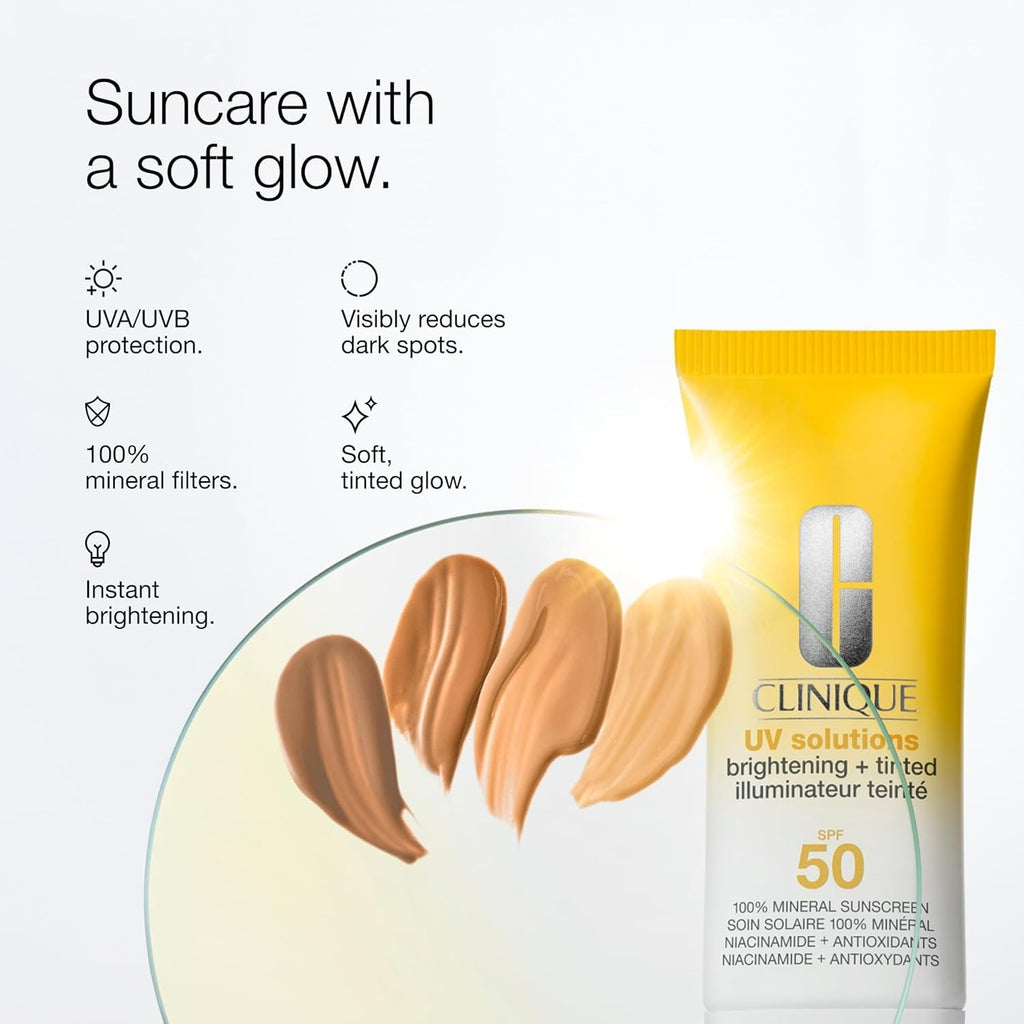 Clinique UV Solutions Brightening + Tinted Sunscreen for Face SPF 50 | Mineral Sunscreen with Niacinamide and Zinc Oxide, Light, 1.3 Fl Oz