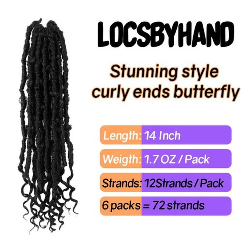 Crochet Butterfly Locs with Curly Ends 14 Inch, Boho Distressed Butterfly Locs Crochet Hair, Black Bohemian Goddess Faux Butterfly Braids with Curly Ends (6 Packs, 1B)