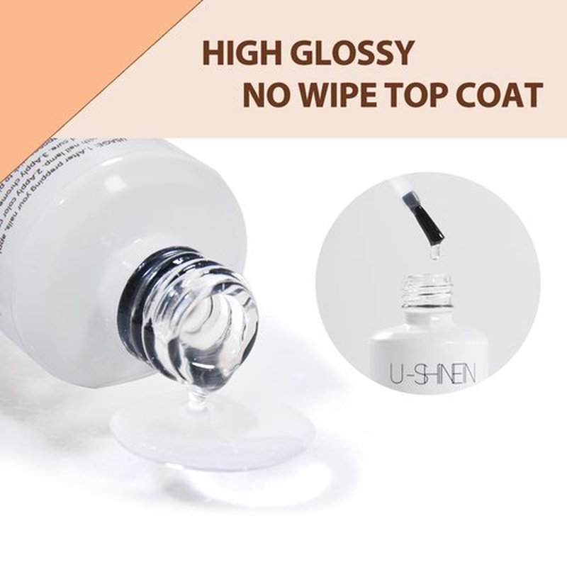 U-Shinein Top Coat Gel for Chrome Nail Powder, 15ml No Wipe High Gloss Shiny Clear Polish With 3 Colors, Long Lasting Soak Off DIY Nail Art Manicure
