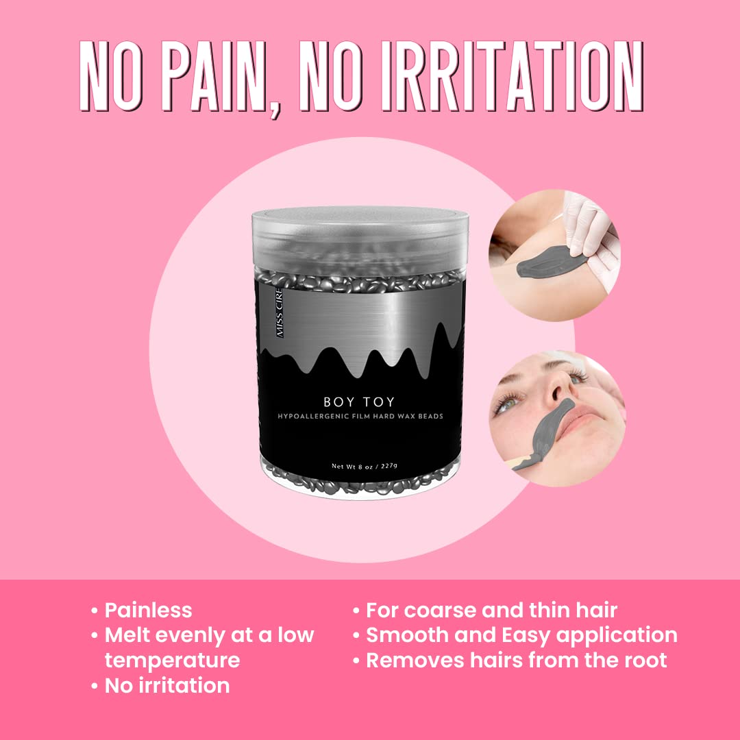 Miss Cire Gray Metallic Hypoallergenic Vegan Hard Wax Beads - Painless Hair Removal Peel-Off Wax - Low melting Point - Ultra Smooth Consistency - For Face and Body - Boy Toy - For Sensitive Skin - 8oz