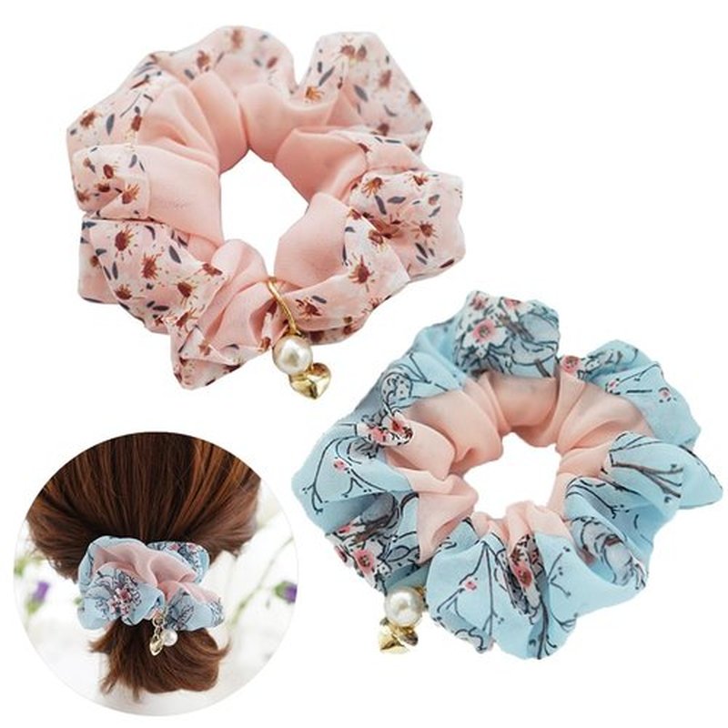 Elegant Floral Chiffon Hair Tie for Women – Soft and Stylish Scrunchie, Feminine Hair Accessory (2-Pink&Blue)
