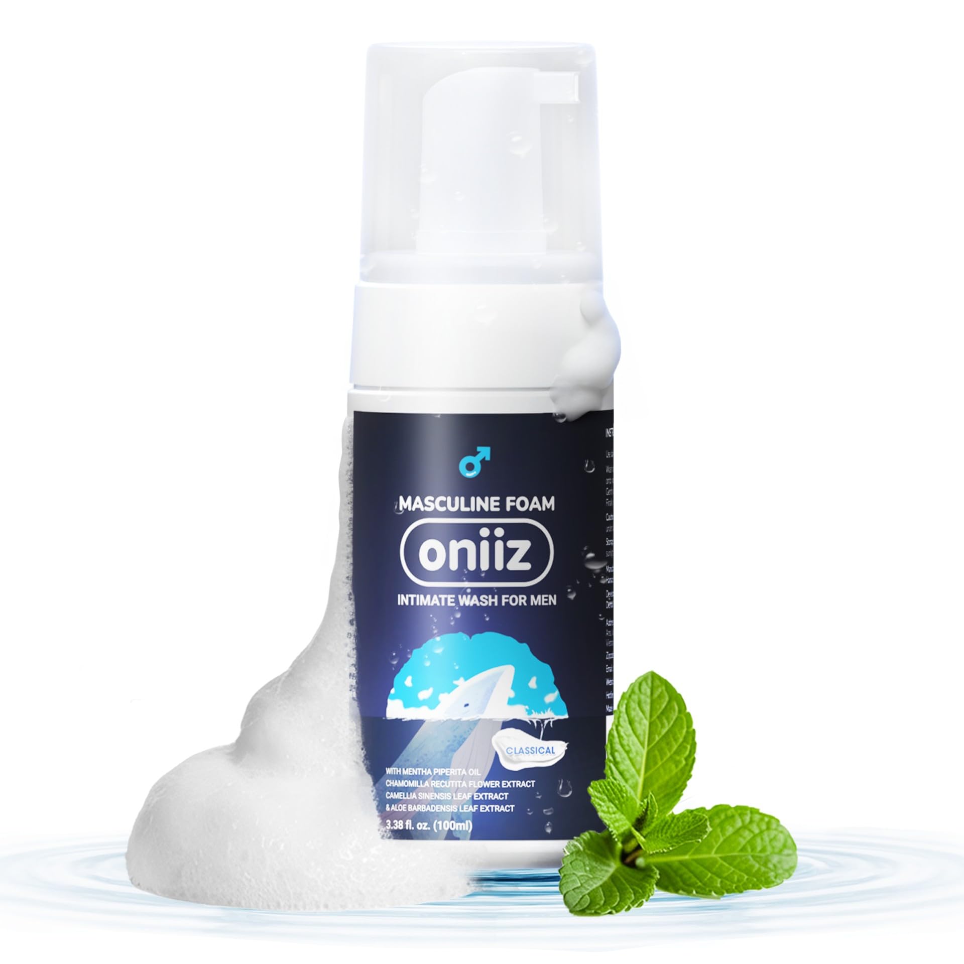 ONIIZ Masculine Foam Men’s Intimate Wash for Odor Control, pH Balanced Cleanser for Sensitive Skin with Green Tea, Aloe & Chamomile - Classical (Fresh Cooling Feel), 3.38 fl oz
