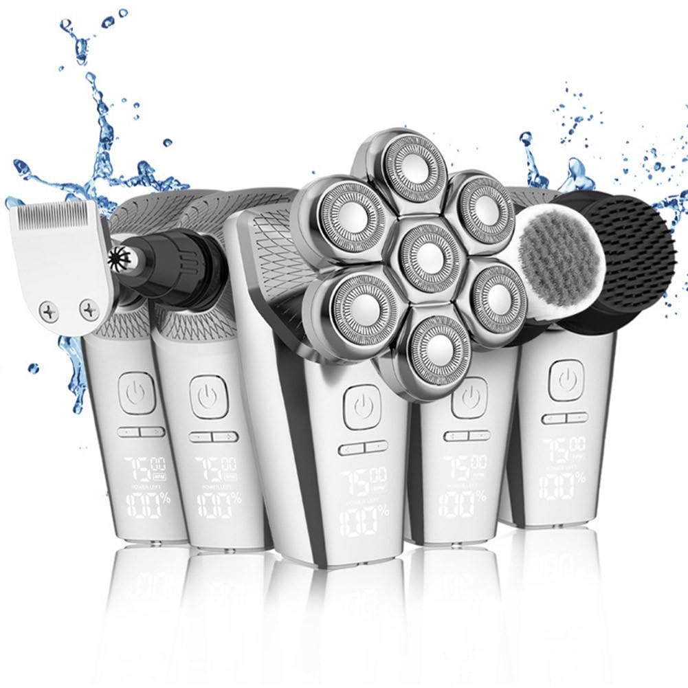 Head Shavers for Bald Men Electric Razor Detachable 7D Head Rotary Shavers, Nose Ear Face Body Hair Trimmer with Clippers IPX8 Waterproof Dry Wet Cordless Rechargeable Grooming Shaver