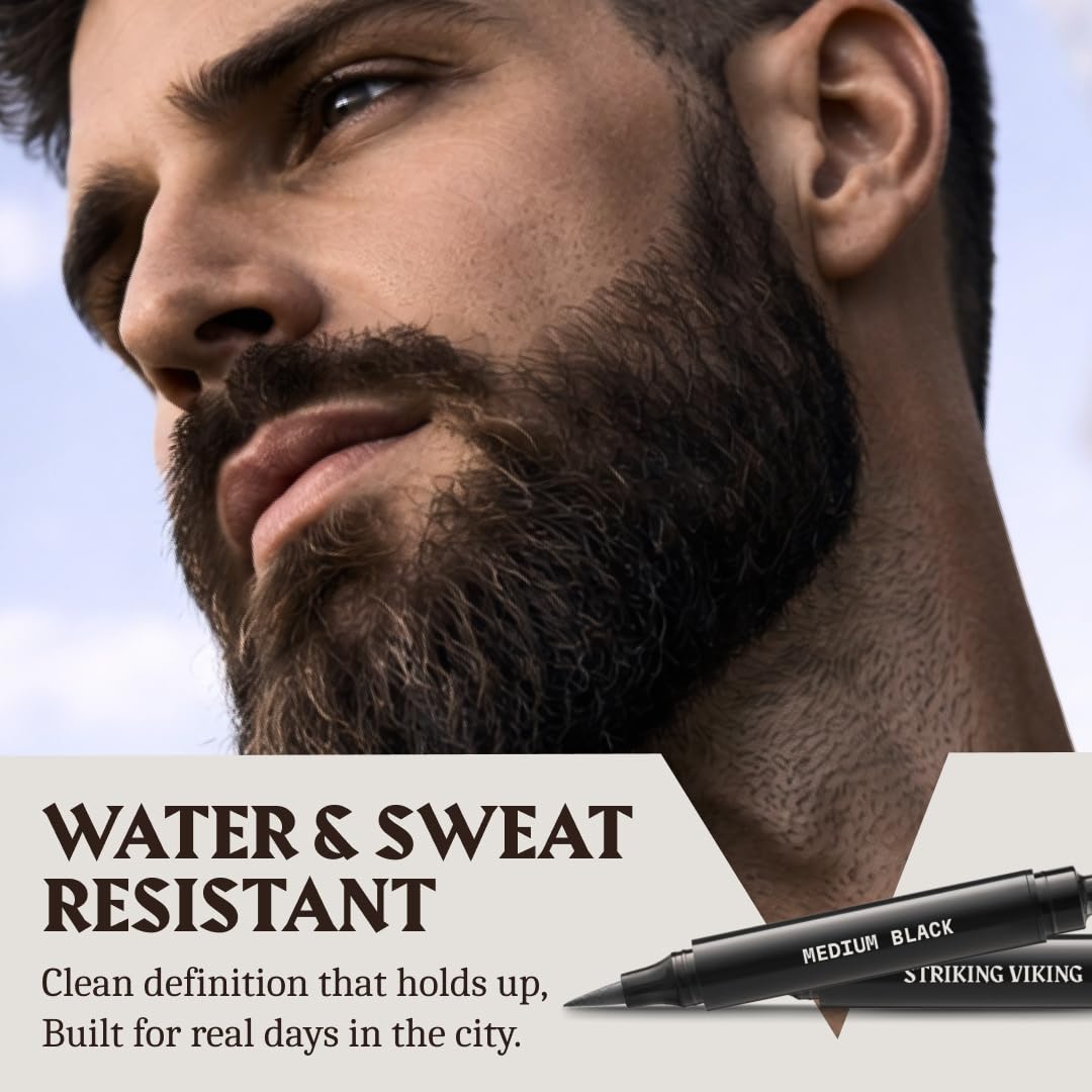 Striking Viking Beard Pencil Filler For Men - Dark Brown, 2 Pens Pack - Temporary Beard Dye - Waterproof Sweatproof Beard Filler for Men for Touchups & Gap Contouring - Enhances Facial Hair