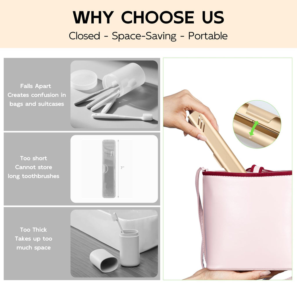 Glowivize Travel Toothbrush Case, 2Pack Portable Toothbrush Holders, Durable Aluminum Toothbrush Storage Box, Small Breathable Manual Toothbrush Container for Traveling, Camping, Business Trip - Gold