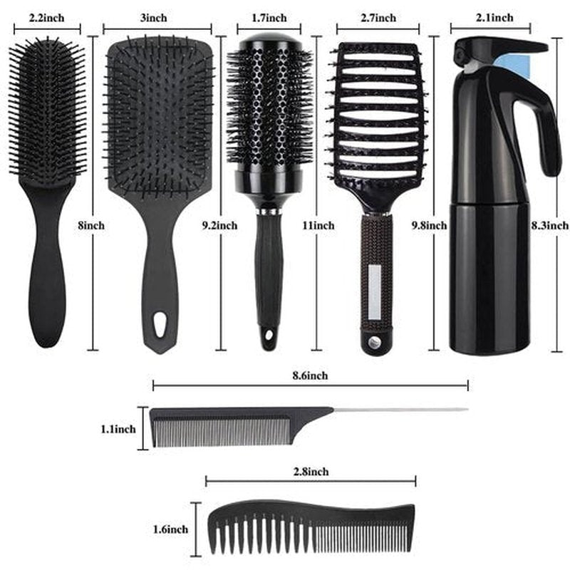Aozzy 8Pcs Curly Hair Brush Set, Hair Brushes for Women, Round Brush for Blow Drying, Paddle Brush, Fit for Detangling Wet Long Thick Hair, Spray Bottle for Curly Wavy Hair, Family Daily Care（Black）