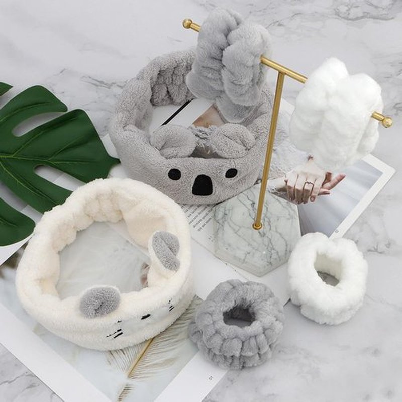 AHONEY Face Wash Headband and Wristband Set, Cute Makeup Spa Skincare Headbands Wrist Bands for Washing Face Headband for Women Girls Elastic Animal Hair Band (White&Grey)
