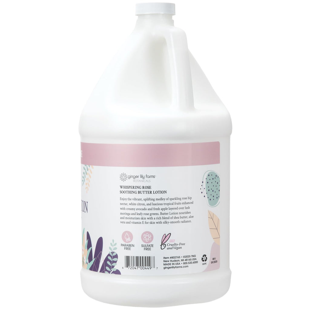 Ginger Lily Farms Botanicals Soothing Butter Lotion for Dry Skin, 100% Vegan & Cruelty-Free, Whispering Rose Scent, 1 Gallon (128 fl oz) Refill