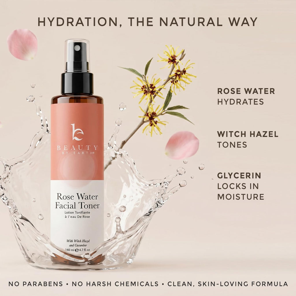 Rose Water Spray for Face - USA Made with Hydrating Natural & Organic Ingredients for Glowing Skin, Alcohol-Free Rosewater Toner Mist with Witch Hazel & Glycerin for Dry and Sensitive Skin