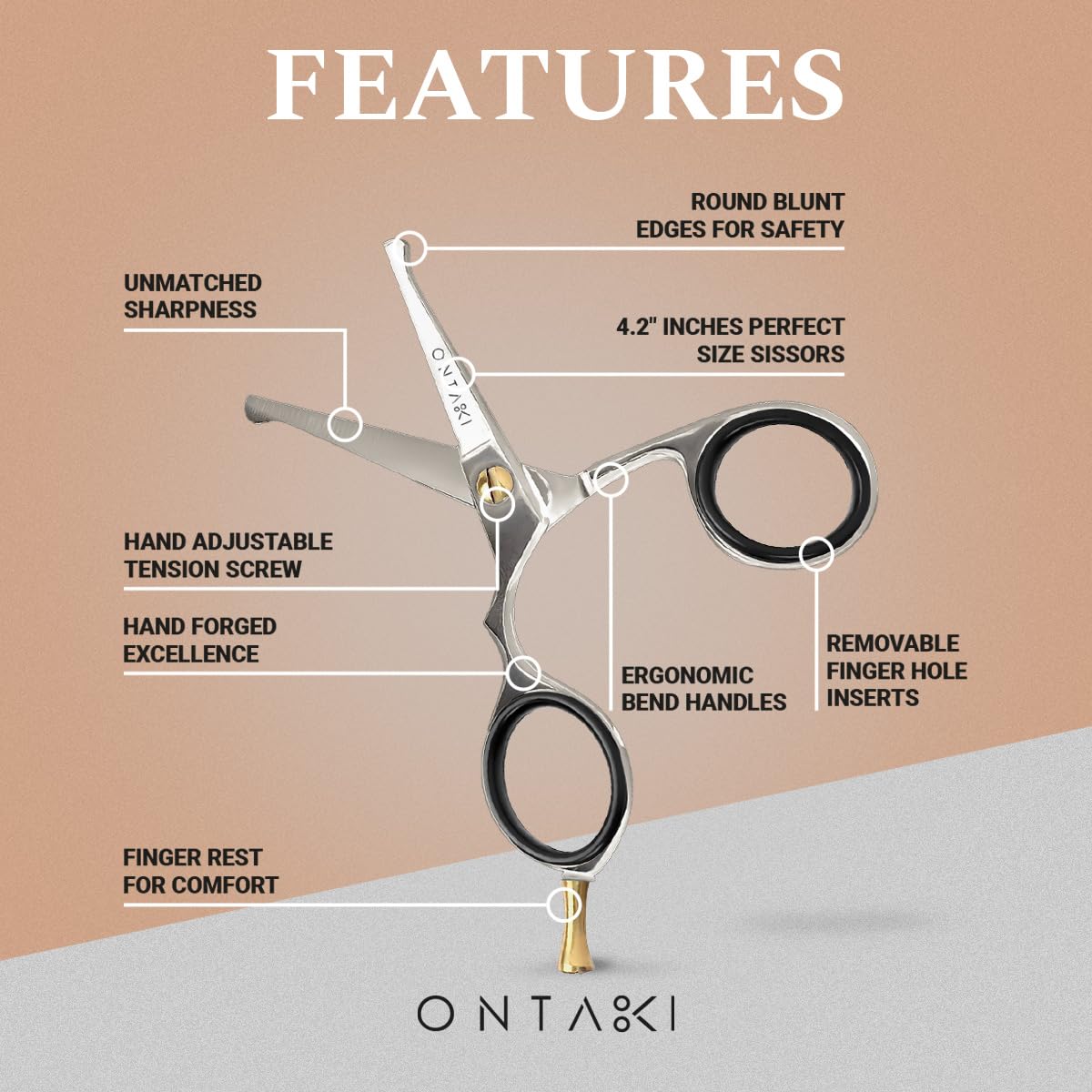 Ontaki Beard and Mustache Scissors For Men - 4.2-inch, Silver, 420C Japanese Steel, Multipurpose Round Edges - Mens Grooming Scissors for Styled Look - Beard Trimming Kit for All Hair Types