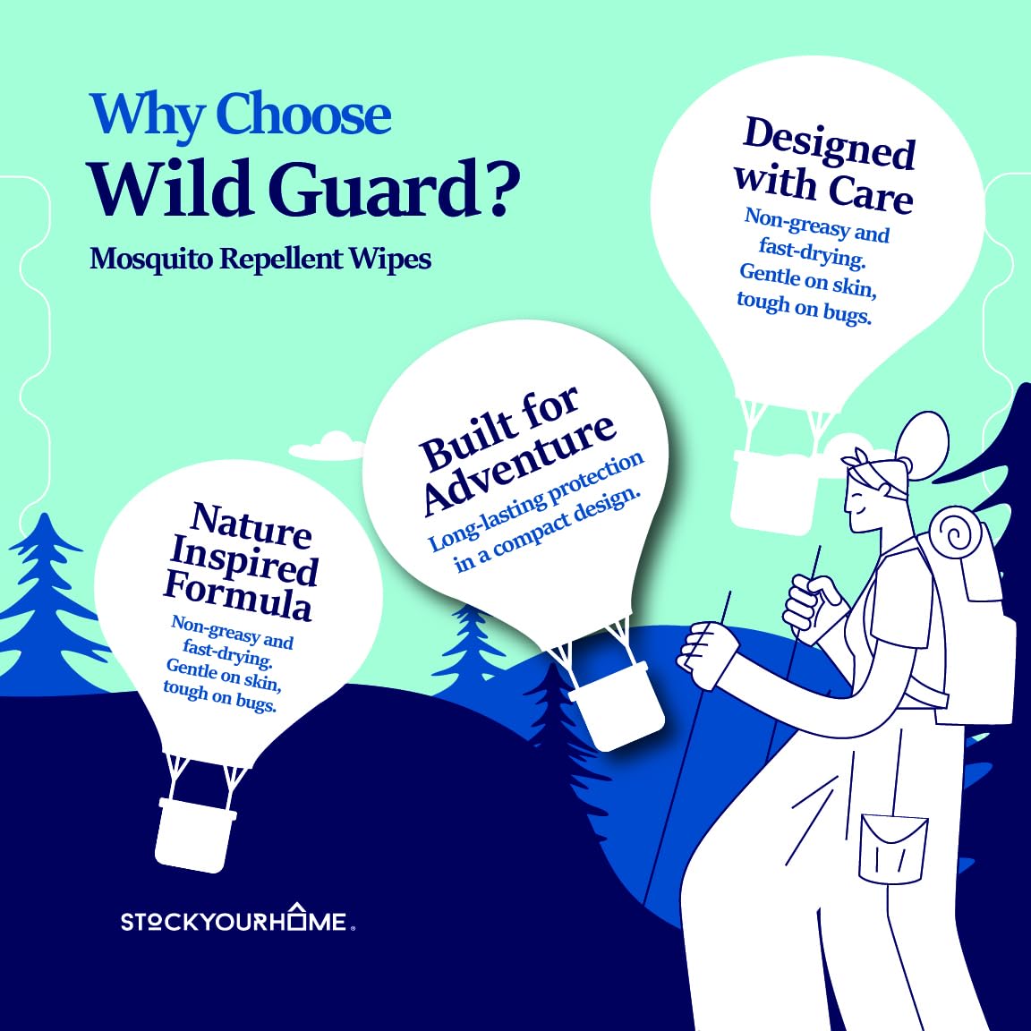 Wild Guard Mosquito Repellent Wipes (50 Pack), DEET Free Insect Repellent, Individually Wrapped Bug Wipes for Kids and Family, Travel Size for Camping, Hiking and Beach, 8 Hour Protection