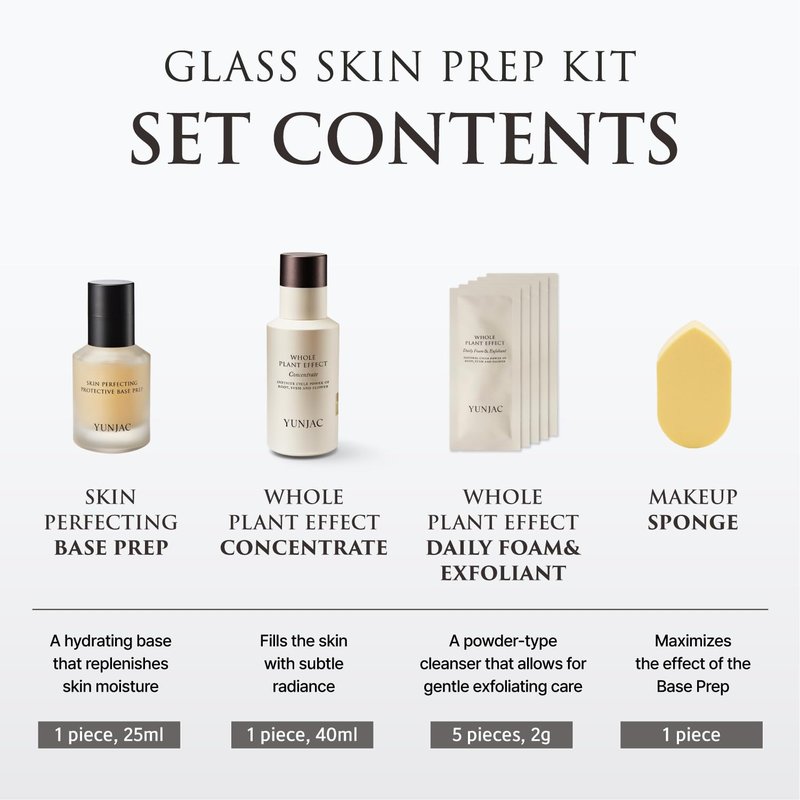 YUNJAC Glass Skin Prep Gift Set – Skincare & Makeup with Base Prep (0.84 fl oz), Concentrate Serum (1.35 fl oz), and Foam Exfoliant Samples (2g × 5ea) | Hydrating, Cleansing & Makeup-Ready Kit