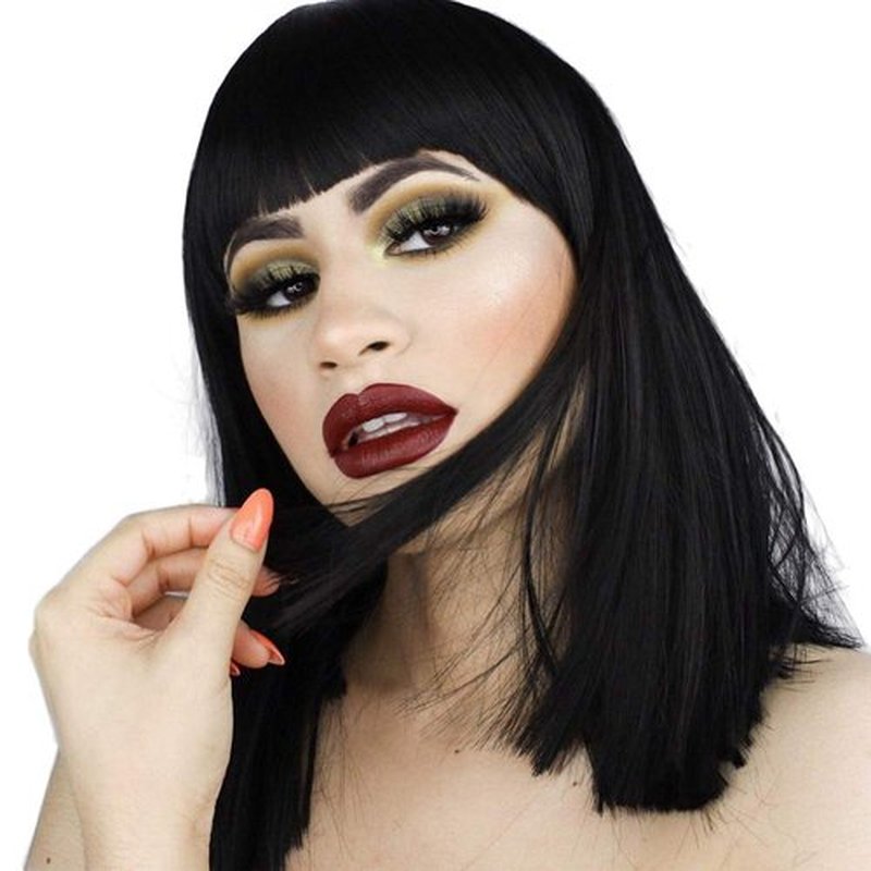 morvally Short Straight Black Wig with Bangs Natural Looking Heat Resistant Hair Cosplay Costume Wigs for Women (14 inches Natural Black)