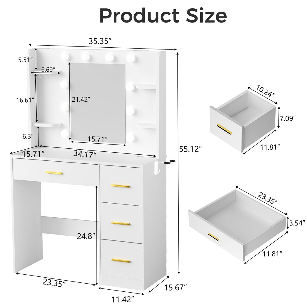 HABIUBIU 35 Small Vanity Desk with Mirror and Lights,10 Lights,3 Color Modes,Makeup Vanity Desk with 4 Storage Shelves 4 Drawers and Power Outlet,White vanitys-New Upgraded Quality