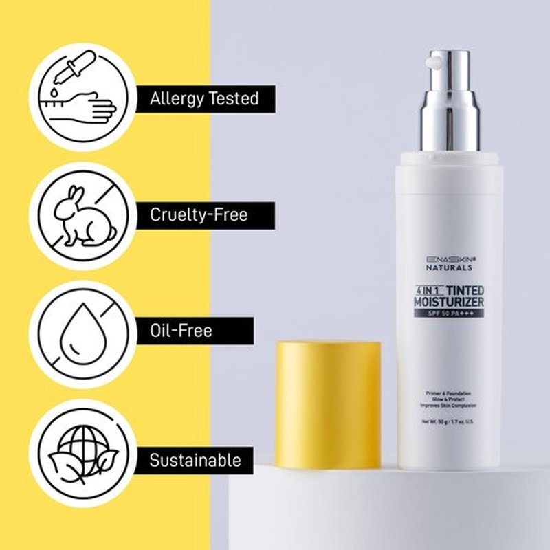 ENASKIN NATURALS 4-in-1 Tinted Moisturizer with SPF 50, Mineral Sunscreen & Primer with Zinc Oxide, Lightweight Skin Tint for Glowy Finish & Even Complexion, Universal Sheer Tint, 1.7 fl oz