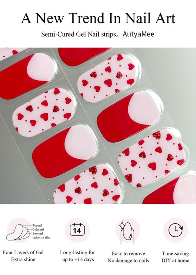 AutyaMee Semi Cured Gel Nail Strips (Red Heart N), Valentine's Day French, 20 Pcs Gel Nail Wraps, Stickers, Works with Any UV Lamps