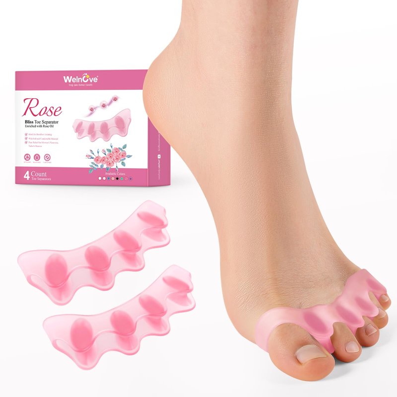 Welnove Toe Separators Spacers for Women - Toe Spreaders with Rose Extract, Toe Straightener for Women Men - Toe Stretcher for Walking, Running & Yoga Practice - Rose, 4 Pack
