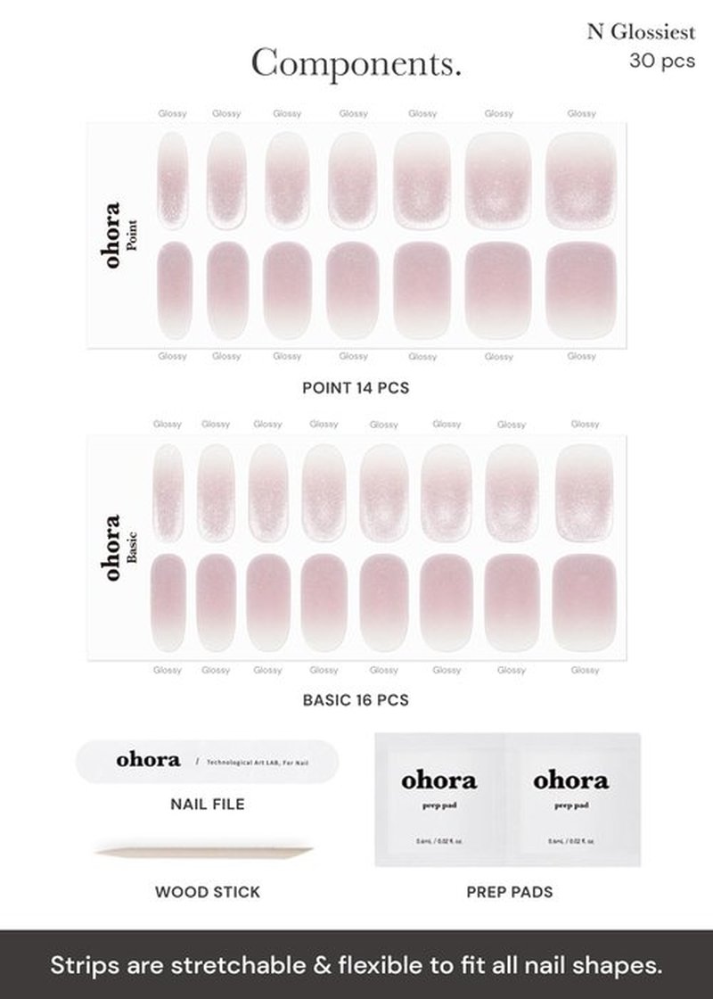 ohora Semi Cured Gel Nail Strips (N Glossiest) - Works with Any Nail Lamps, Salon-Quality, Long Lasting, Easy to Apply & Remove - Includes 2 Prep Pads, Nail File & Wooden Stick, Large