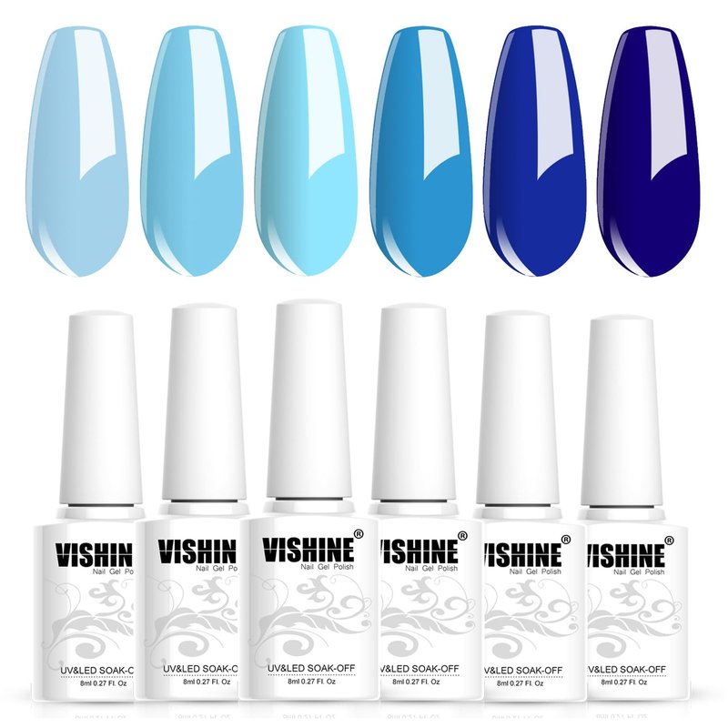 Vishine Gel Nail Polish Set 6 Blue Colors, Royal Blue Sky Blue Navy Blue Nail Gel Polish Kit Light to Dark Shades Soak Off Nail Art Salon Design Home Manicure Holiday for Women Girls 8ml
