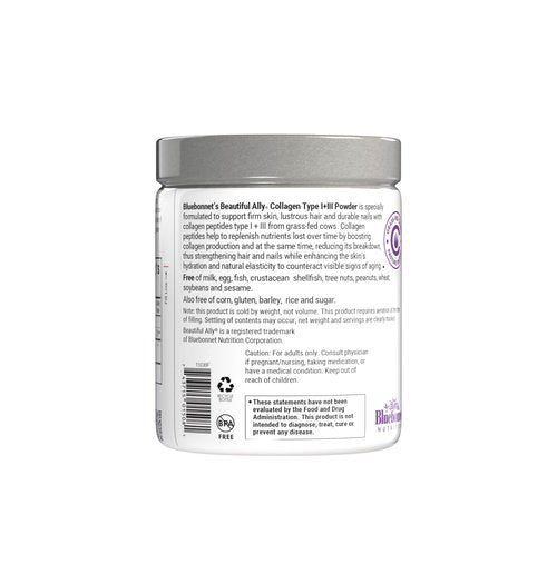 Bluebonnet Nutrition Beautiful Ally Collagen Powder, Hydrolyzed Collagen from Grass Fed Cows, Collagen Peptides Type 1 & 3, Non GMO, Gluten Free, Soy Free, Milk Free, 28 Servings, Unsweetened, 6.9 Oz