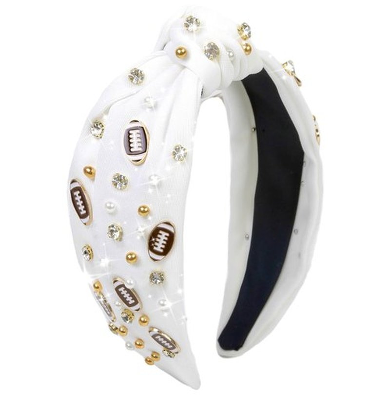 Huachi Football Headband for Women Game Day Hair Accessories: Football Mom Essentials - Rhinestone Pearl Knotted Head Band for Women Non Slip, White