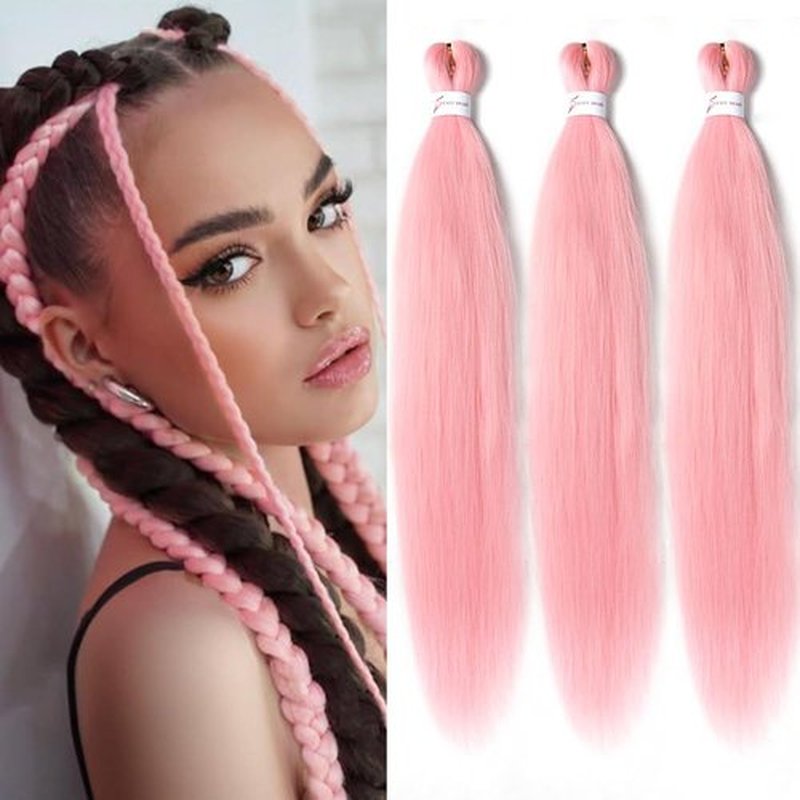 Pre stretched Braiding Hair 26 Inch Pink Braiding Hair Extensions Yaki Braids Hair Hot Water Setting Synthetic Easy Hair Colored Braiding Hair Crochet Hair (26 Inch,3 Packs,Light Pink#)