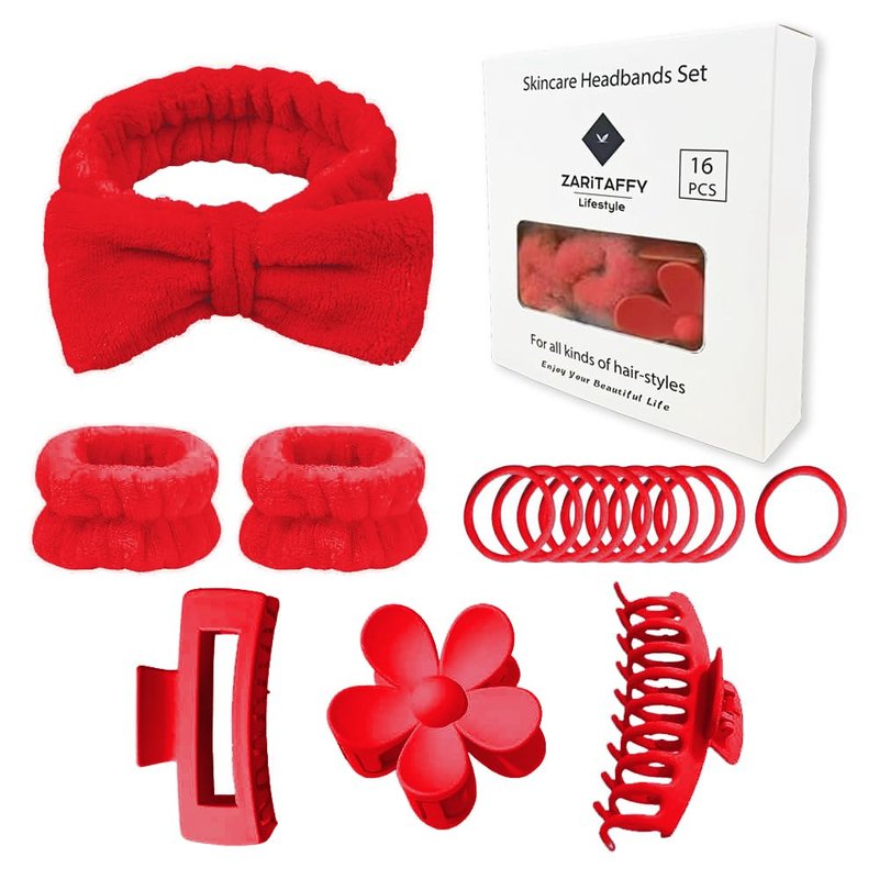 Zaritaffy 16pcs Skincare Headband Set, Headband Set for Face Washing Spa and Makeup, Including 1 Hairband, Wristband, 3 Hair Claw Clips and 10 Hair Ties, with Box, Gift for Women and Girls, Red