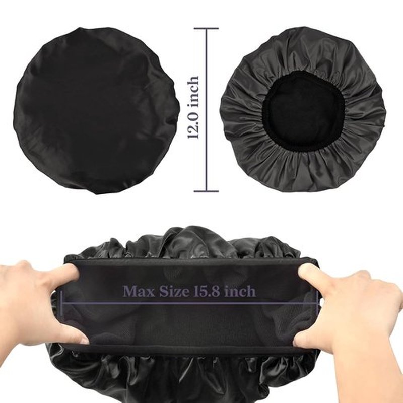 Skiennix Satin Shower Cap - Three-Layer Terry Cloth Lined, Waterproof & Reusable for Long Thick Hair | Large Size (Black)