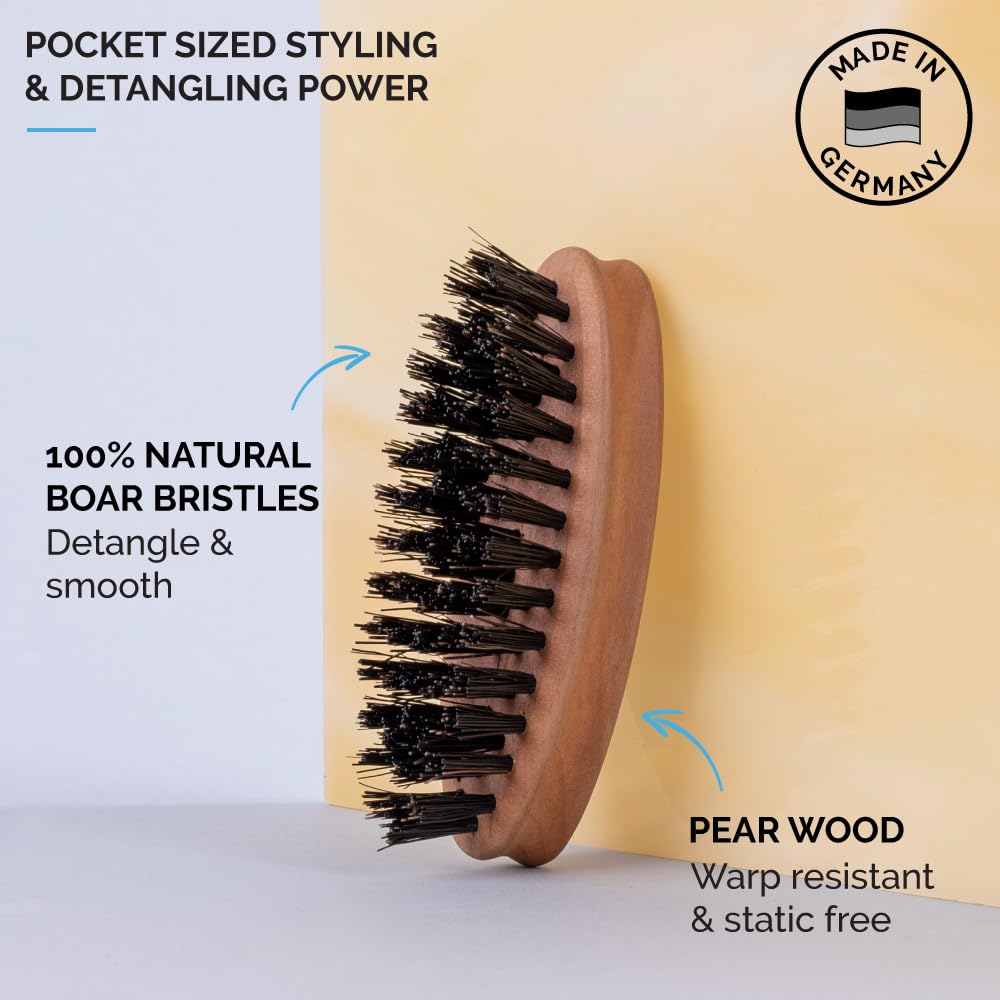 ZEUS 100% Boar Bristle Pocket Beard Brush for Men, Travel Beard Hair Brush - Made in Germany
