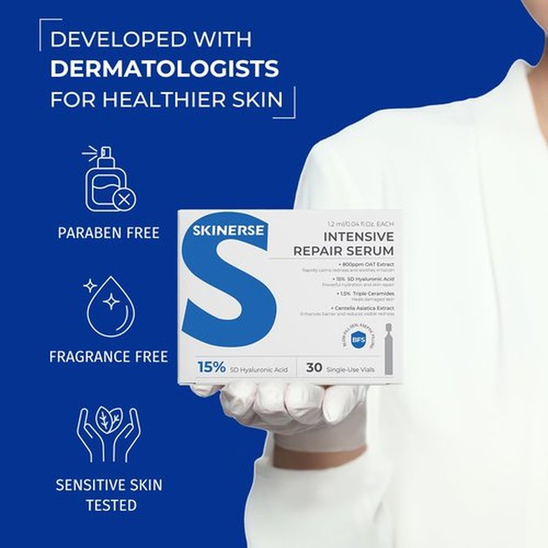 SKINERSE Intensive Repair Serum, 15%Hyaluronic Acid for Sensitive Skin Anti Aging Ultra Hydrating Serum for Face Calming Barrier Repair Redness Relief with Ceramides Centella 30Vials Daily Travel Care