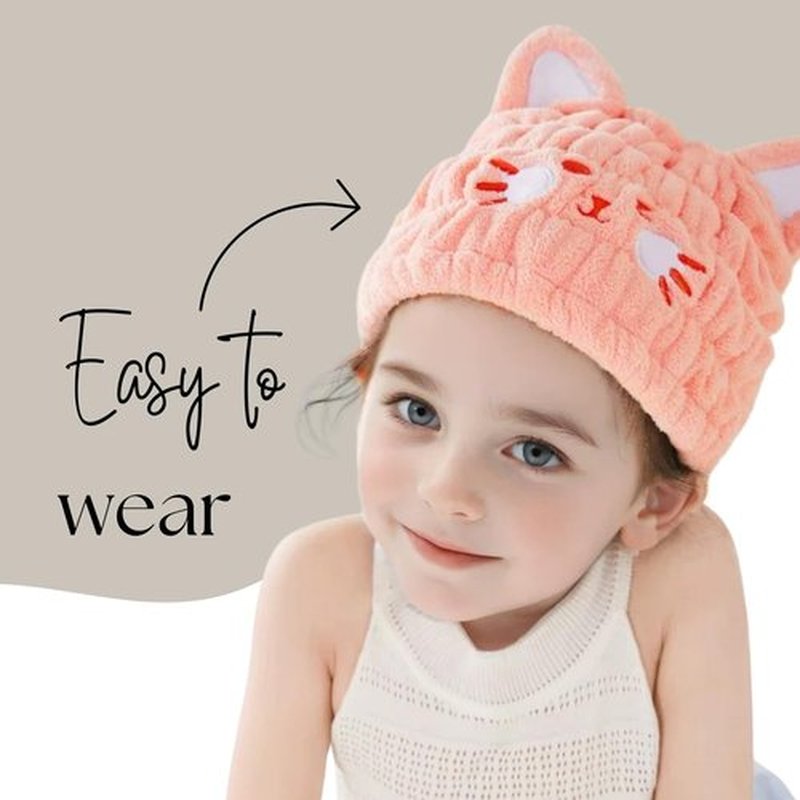 LCBD Microfiber Hair Towel Wrap for Kids, Pink Cat Dry Hair Cap Suck Water, Absorbent Quick Girls Boys Hair Drying Towel, Lightweight Bouncy Hat Headscarf