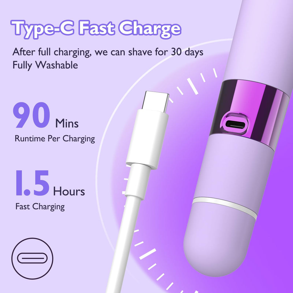 Bikini Trimmer for Women, Dual Head Electric Razors, Pubic Hair Trimmer with IPX7 Waterproof & Easy Cleaning, Rechargeable Painless Silk Glide Pro Shaver for Underarm Leg Arm Body Face, Purple