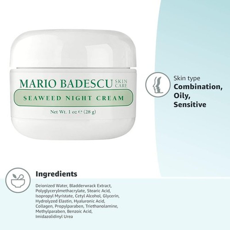 Mario Badescu Seaweed Night Cream - Anti-Aging Oil-Free Moisturizer with Collagen & Sodium Hyaluronate for Combination Skin