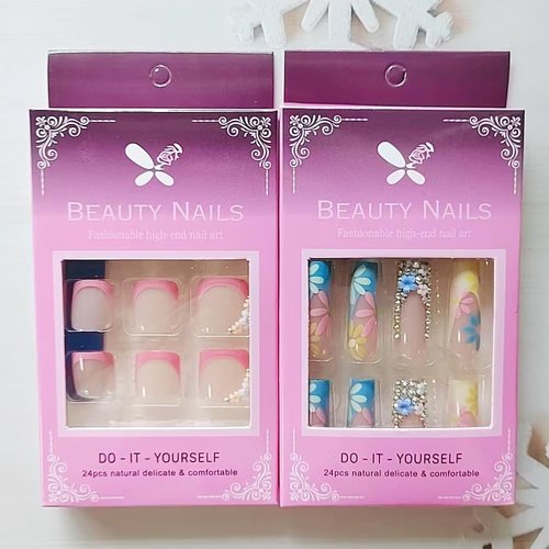 48Pcs Summer Flower Press on Nails Long & Press on Toenail for Girls Nail Decoration Kit French Tip Fake Nails with Nail Glue Rhinestones Glossy Acrylic Nails False Nails for Women Stick on Nails