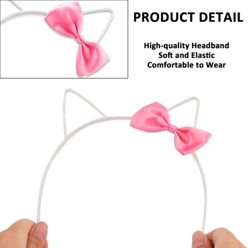 Chanaco 12Pcs Cat Ears Headbands Party Decorations Pink Bow Kitty Plastic Hair Accessories Cute White Gabby Headpieces Birthday Favors Halloween Costume Kawaii Gifts