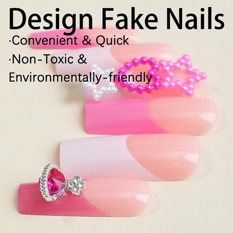 Press on Nails Coffin Long French 24Pcs Glossy Full Cover Acrylic Square Cute False Nails with Gems Designs Artificial Ballerina Fake Nails with Charm Glue Stick on Fingernails for Women Girls