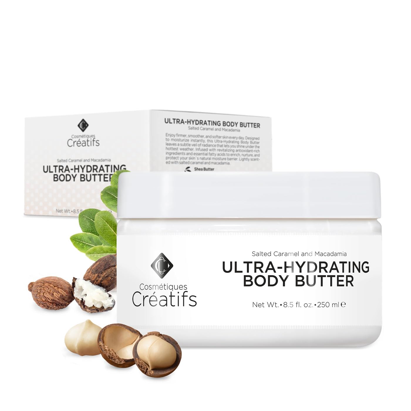 Cosmétiques Créatifs Ultra-Hydrating Body Butter with Shea Butter, 8.5 fl. oz., Salted Caramel and Macadamia Scent, Deep Moisturizing, Soothes, Repairs, and Nourishes Skin