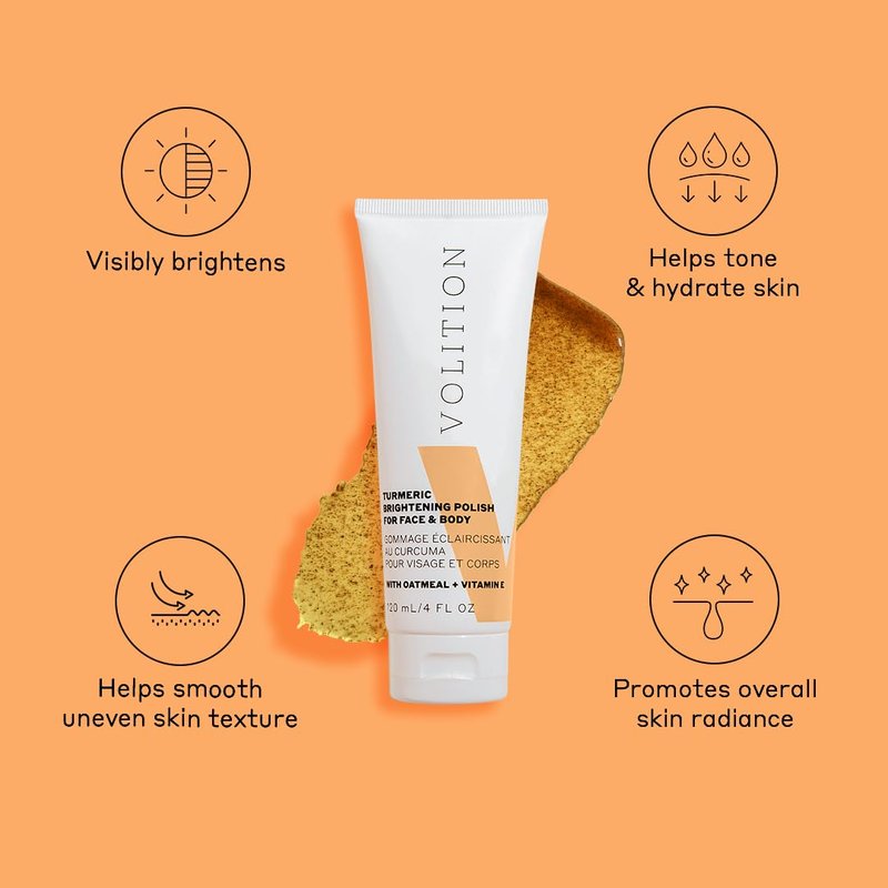 Volition Beauty Turmeric Brightening Polish with Oatmeal + Vitamin E | Physical Scrub to Exfoliate Face & Body | Removes Dead Skin, Smooths, Boosts Luminosity & Glow | Non-Stain Formula (4 fl oz)