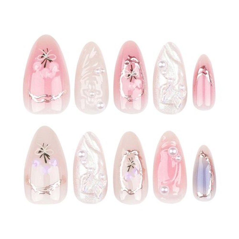 Rilafuvu Short Press-on Nails - Almond, Pearl, 3D Butterfly & Wave Acrylic, Floral Nail Art, Nude, 24pcs