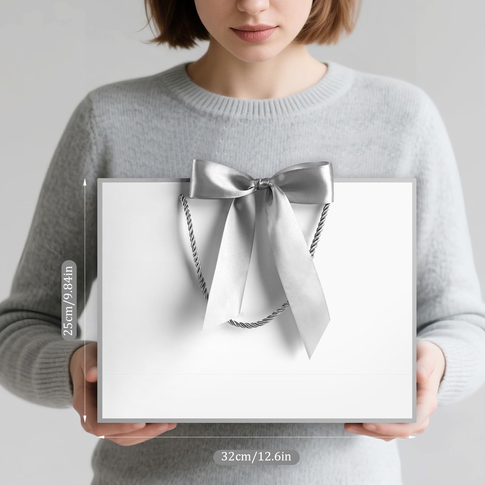 JMANNI Gift Bags with Handles, 13” Medium Gift Bag for Presents, 1 Pcs Bags with 2 Tissue Paper and 1 Cards for Baby Shower Wedding Bridal Shower Mother's Day Birthday Party (Silver)