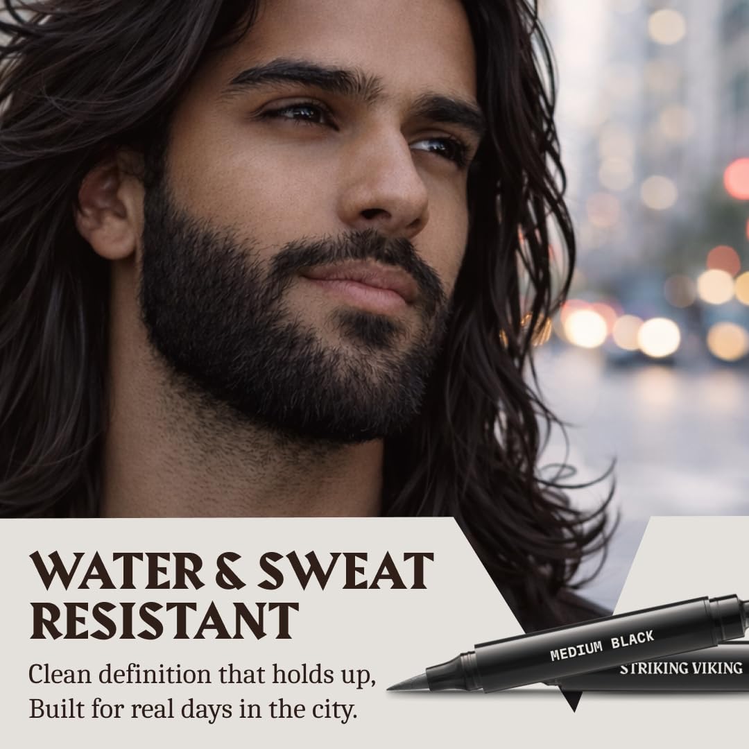 Striking Viking Beard Filler For Men - Medium Black, 2 Pens Pack - Temporary Beard Dye - Waterproof Sweatproof Long Wear Beard Pencil for Touchups & Gap Contouring - Enhances Facial Hair