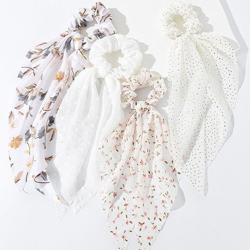 FQYN 4PCS Hair Scrunchies for Women Hair Scarf Scrunchies with Long Tails Knotted Bow Hair Ties Hair Ribbon White Elastic Hair Ties Hair Bands Ponytail Holders Hair Accessories for Women and Girls