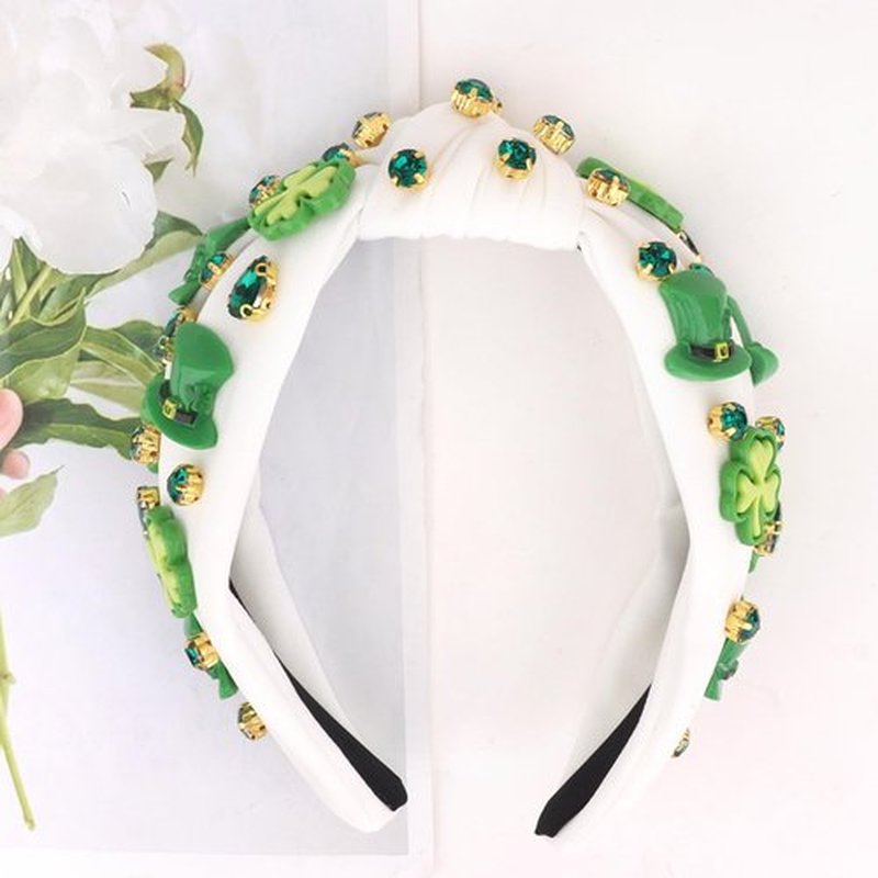 CIEHER St. Patrick's Day Headband for Women Girls, Green Shamrock Headband, Embellished Crystal Rhinestone Knotted Hairband, Irish Holiday Hair Accessories Gifts (White Fabric)