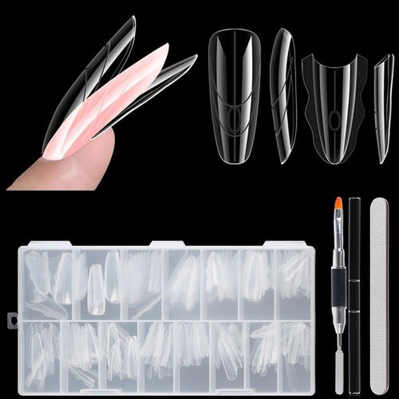 Fcozpjk Sandwich Dual Nail Forms for Builder Gel, 180PCS Nail Forms with Brush Pen File Polygel Extension Tools Kit Top & Bottom Dual Form System Guide Lines Tips Professional Manicure Supply (Almond)