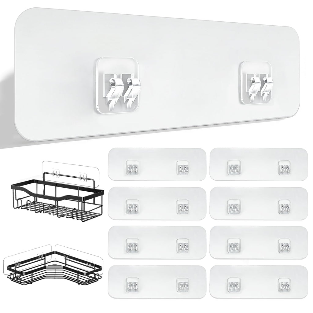 DSJIFGEW 9 Pack Shower Caddy Adhesive Replacement Strips, Heavy Duty Clear Waterproof Sticky Hooks, No Drilling Wall Mount for Shower Shelves, Bathroom Storage, Kitchen Rack & Soap Holder