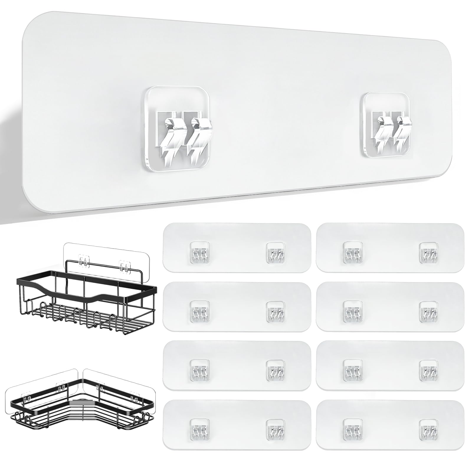 DSJIFGEW 9 Pack Shower Caddy Adhesive Replacement Strips, Heavy Duty Clear Waterproof Sticky Hooks, No Drilling Wall Mount for Shower Shelves, Bathroom Storage, Kitchen Rack & Soap Holder