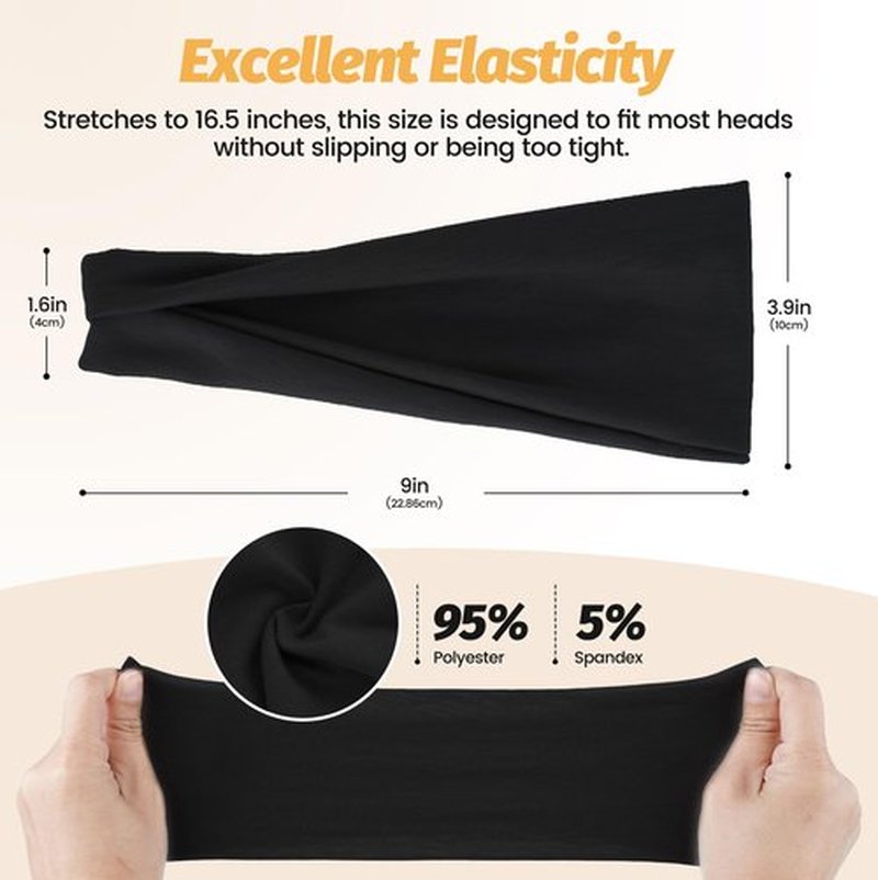 Headbands for Women - 6 Pack Wide Elastic Hairbands | Ultra-Soft Moisture Wicking Sports Headband | Non-Slip Accessories Bands for Fashion, Workouts, Yoga, Daily Use (6 Pack Black)