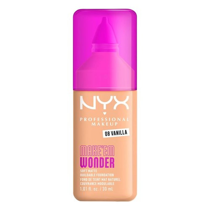 NYX Professional Makeup Make 'Em Wonder Liquid Foundation - 24HR Soft Matte Finish, Buildable Full Coverage | 08 Vanilla