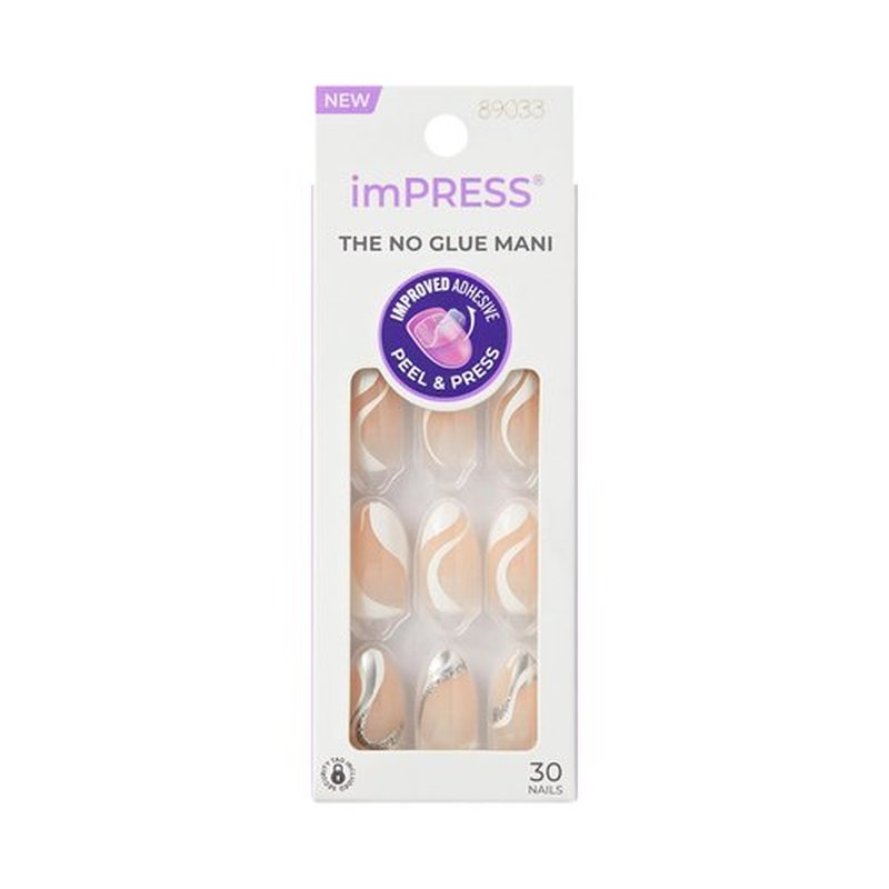 KISS imPRESS No Glue Mani Press On Nails, Design, 'On My Mind', White, Medium Size, Almond Shape, Includes 30 Nails, Prep Pad, Instructions Sheet, 1 Manicure Stick, 1 Mini File