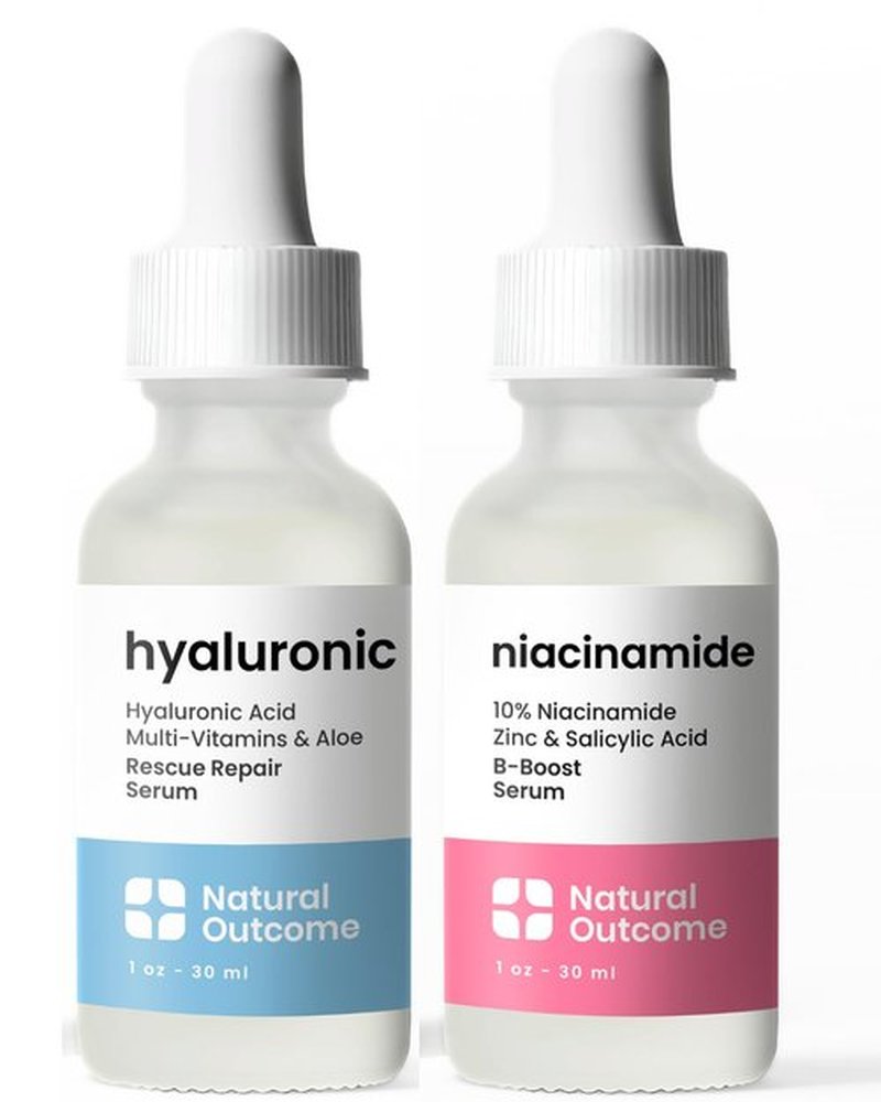Natural Outcome Hydrating Hyaluronic Acid Serum and 10% Niacinamide Face Serum - Lightweight Anti Aging Facial Serum Set 1 oz Each, Vegan, Cruelty Free & Fragrance Free